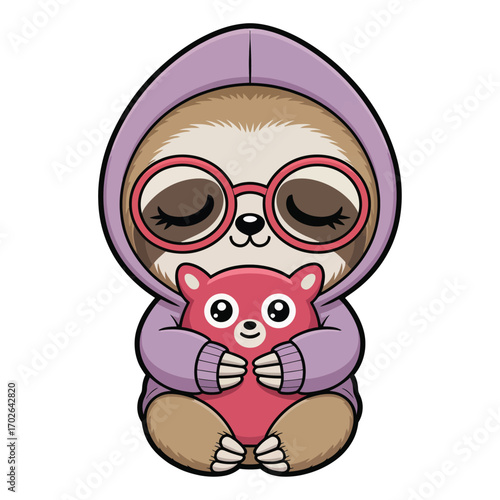 A fun and cute illustration of an adorable chibi sloth getting ready to go to sleep. She wears a lilac hoodie, pink reading glasses and hugs a red monster.