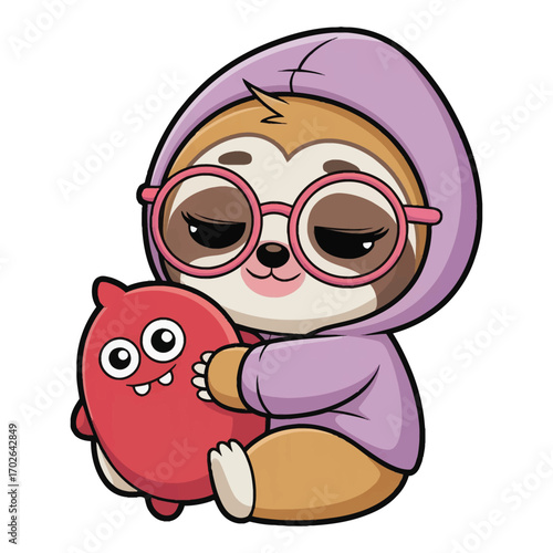 A fun and cute illustration of an adorable chibi sloth getting ready to go to sleep. She wears a lilac hoodie, pink reading glasses and hugs a red monster.