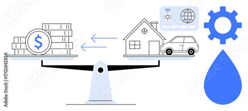 Scales balancing money with a house, car, and connectivity icons water drop and gear enhancing focus on resource management. Ideal for finances, sustainability, decision-making, technology