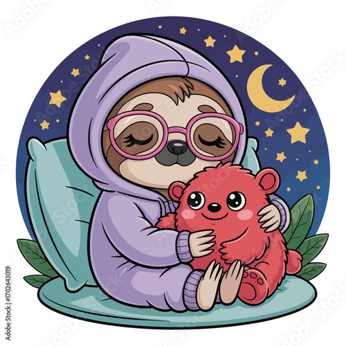 A fun and cute illustration of an adorable chibi sloth getting ready to go to sleep. She wears a lilac hoodie, pink reading glasses and hugs a red monster.