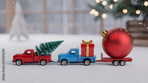 Three toy trucks in a row carrying christmas tree gift box and large red ornament for holiday season