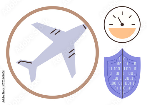 Airplane in circular frame, shield with binary code, and speedometer gauge. Ideal for aviation, safety, cybersecurity, innovation, technology risk management and speed concepts. A simple flat