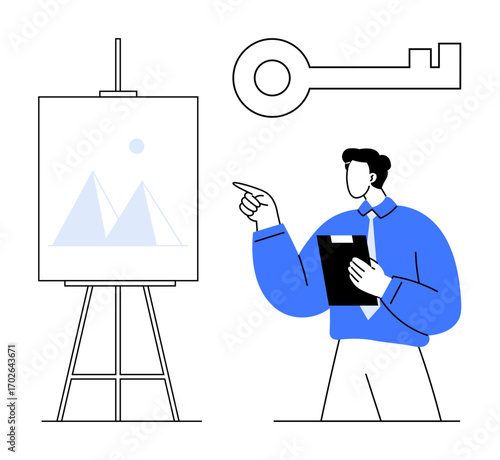 Person in blue shirt presenting with clipboard in hand, pointing at easel with geometric drawing. Oversized key represents concept unlocking. Ideal for planning, strategy, success, solutions