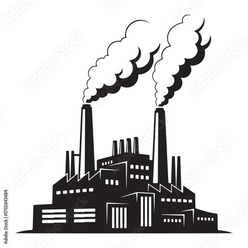 Industrial factory emitting smoke into the air silhouette white background