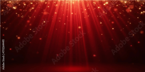 An abstract red background with bright stars and glowing light beams for a festive holiday celebration design