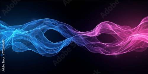 Abstract blue and purple waves swirl with smooth motion, creating a colorful pattern of flowing smoke against a dark background
