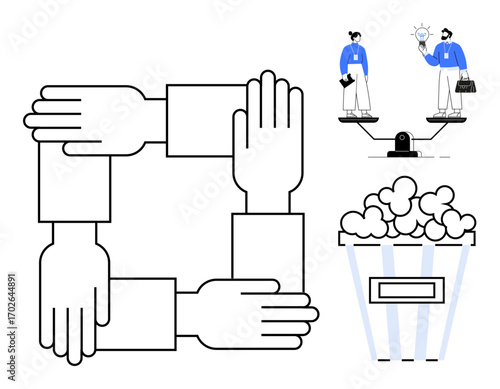 Four interconnected hands representing collaboration, two professionals balancing work and ideas, and a popcorn bucket for entertainment or leisure themes. Ideal for teamwork, equality, productivity