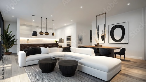 Beautiful Apartment, Sofa, Chair, Dining Table wall Mockup Interior design of modern living room