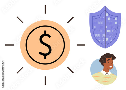 Circular dollar icon with rays, shield with binary code, and smiling person. Ideal for finance, digital security, personal wealth, cybersecurity, tech growth, protection simple flat metaphor