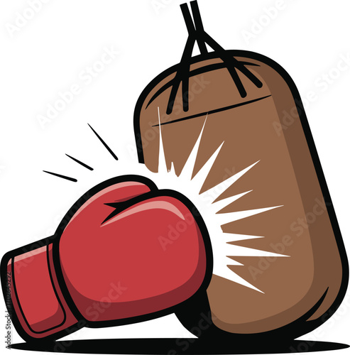 Boxing Glove Punching Heavy Bag - Colorful Cartoon Vector Illustration