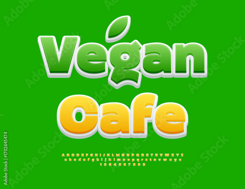 Vector Eco template Vegan Cafe. Artistic Yellow Alphabet Letters and Numbers set. Classic Digital Font.