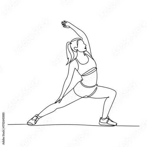 One single line Art drawing of young energetic woman exercise stretching pull her leg in gym fitness center vector graphic illustration. with white background