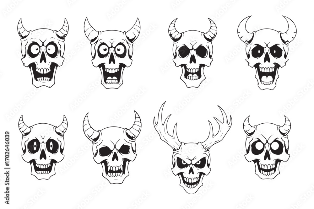 Fototapeta premium Collection of eight spooky skull designs with horns silhouette white background