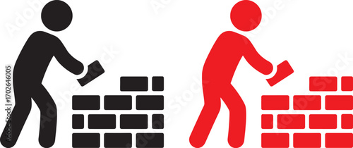 building, construction, bricklaying, wall, worker, red, black, figures, illustration, icon, silhouette, teamwork, cooperation, partnership, labor, manual labor, construction worker, diy, project, prog