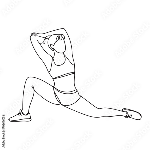 One single line Art drawing of young energetic woman exercise stretching pull her leg in gym fitness center vector graphic illustration. with white background