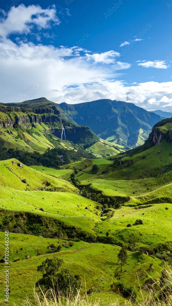 Obraz premium Lush green valley nestled between mountains under a bright sky