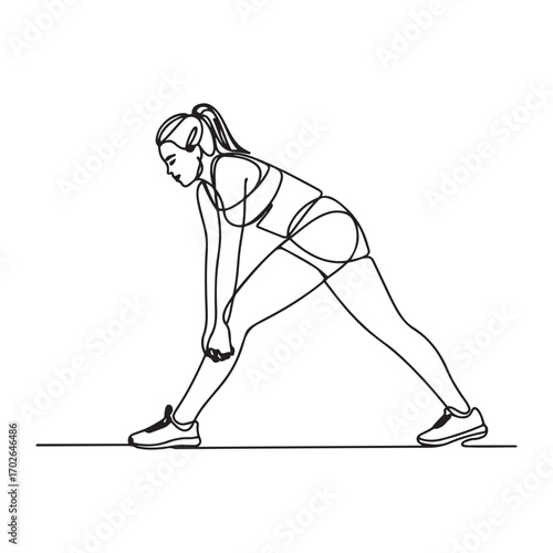 One single line Art drawing of young energetic woman exercise stretching pull her leg in gym fitness center vector graphic illustration. with white background
