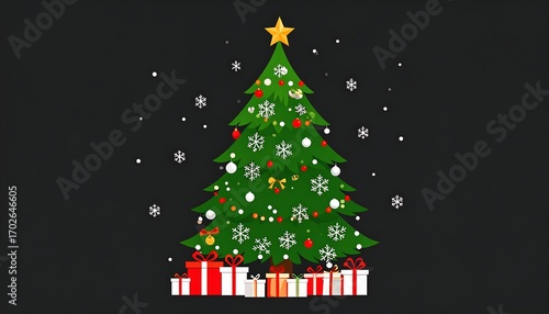 Christmas tree with gifts and snow