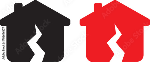 house, home, cracked, broken, damage, icon, symbol, real estate, property, disaster, crisis, problem, risk, danger, illustration, graphic, design, silhouette, black, red, white background, insurance, 