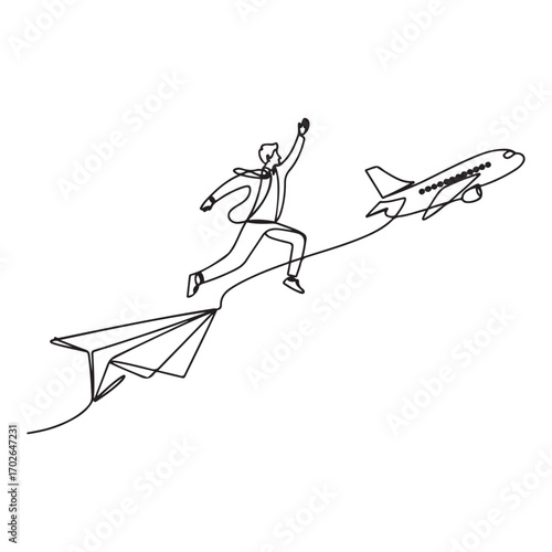 Single continuous line Art drawing young business man jumping from crash paper airplane to the flying plane. with white background