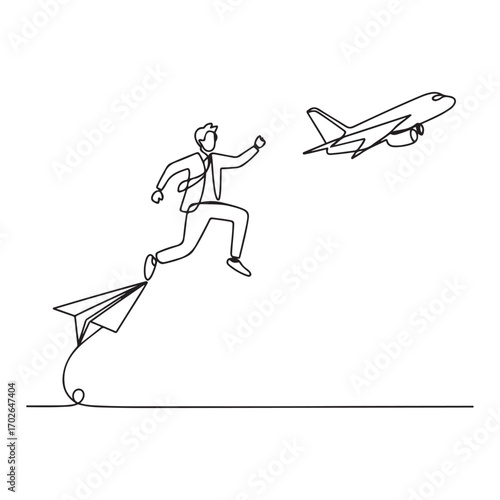 Single continuous line Art drawing young business man jumping from crash paper airplane to the flying plane. with white background