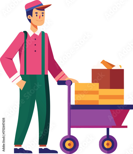 Delivery man with parcel and cart on transparent background