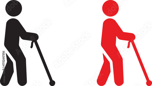 person, cane, walking stick, elderly, senior, mobility, support, assistance, disability, red, black, icon, symbol, isolated, white background, silhouette, aid, help, movement, health, care, old age, h