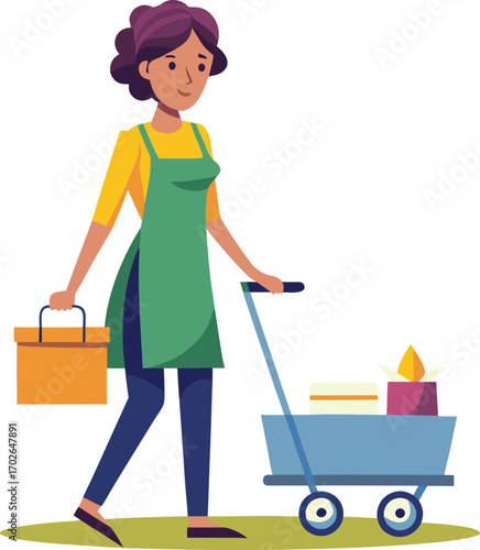 woman with shopping cart on transparent background