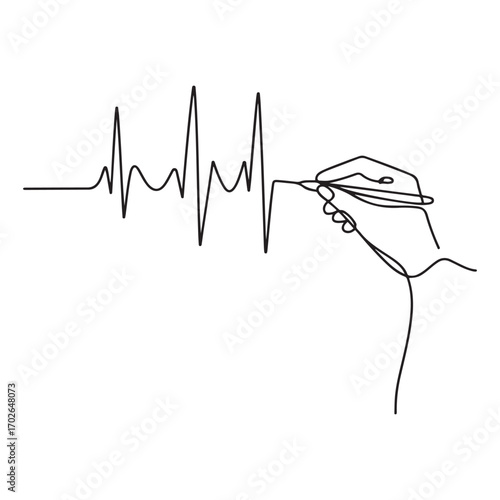 One continuous line Art drawing of hand drawing human heart beat pulse graph image on whiteboard. with white background
