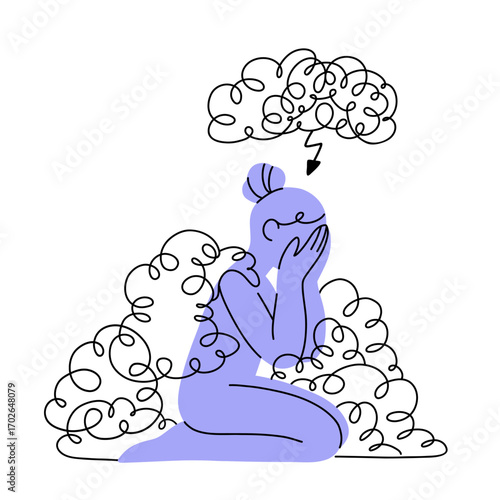 Flat vector illustration of a sad woman sitting on her knees and crying, surrounded by dark clouds of depressive thoughts. Mental disorder, anxiety, psychology concept for social media, advert, web.