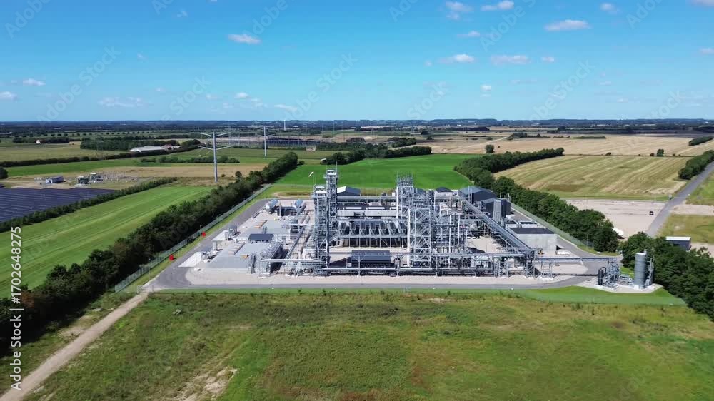 Aerial view of European Energy’s Power-to-X facility , e-methanol production facilityin , Denmark, surrounded by fields, solar panels and green energy infrastructure