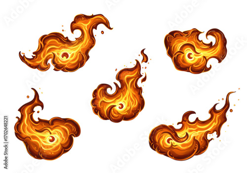 Five distinct, dynamically rendered amber, golden yellow, and orange flames with heat haze, sparks, and halos, on a transparent background, 45-degree angle view. Concept for high-end product