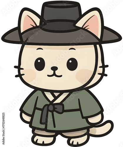 Cute Cat Mascot in Traditional Korean Hat — Character Illustration