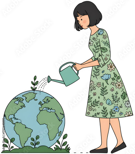 Woman Watering the Planet Illustration — Nurturing Earth & Ecology