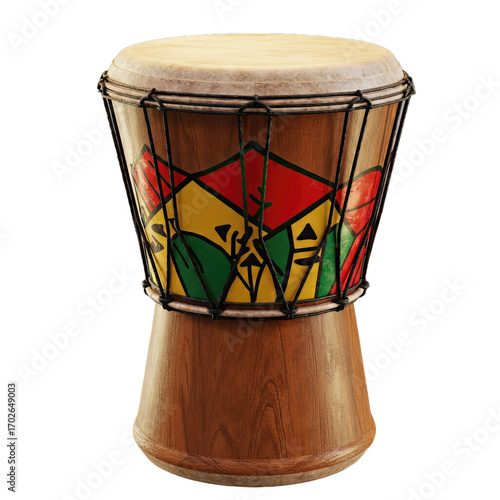 Vibrant Hand-Painted Wooden Djembe Drum with Red Yellow and Green Geometric Patterns on a Beige Background, Isolated on Transparent Background