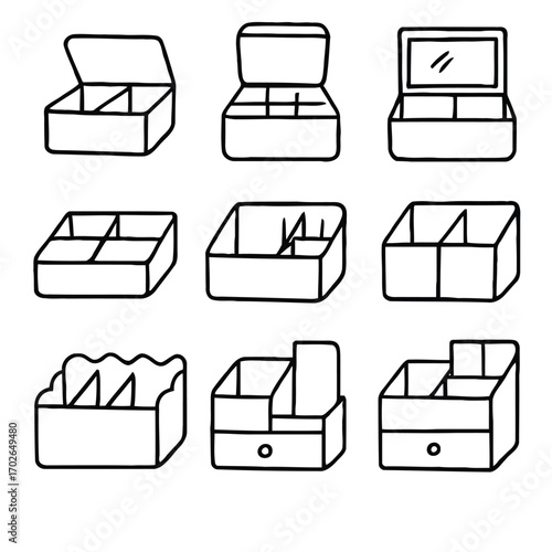 Vector icon set of makeup storage solutions, including various empty cosmetic organizers and beauty boxes in a hand-drawn line art style