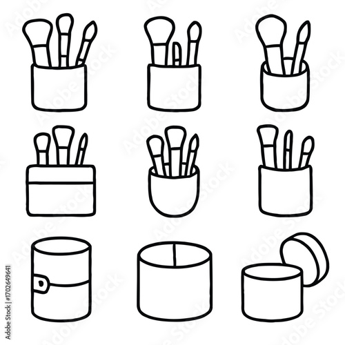 A collection of line art icons depicting various makeup brushes in holders and cosmetic containers for beauty applications