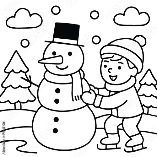 A cheerful boy builds a snowman on a winter's day, enjoying the snowy scene with glee and ice skating fun