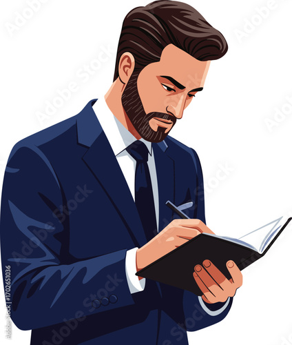 Businessman writing in notebook, professional man taking notes, focused male executive, formal suit, working hard, business planning, thoughtful man, office work concept