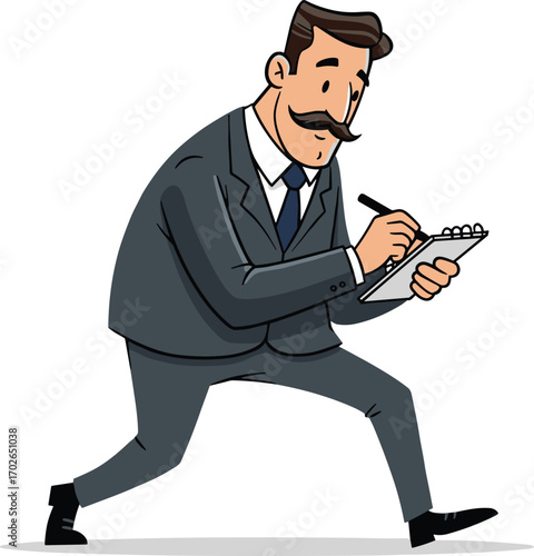 Businessman with mustache writing notes, man in suit, professional male taking notes, focused worker, business planning, sketch pad, formal attire, office concept