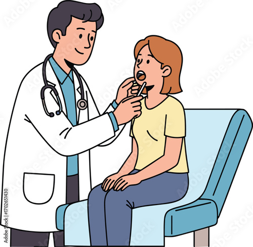 Cartoon doctor examining patient, medical checkup in clinic, healthcare consultation illustration, hospital visit, vector character design, doctor visit