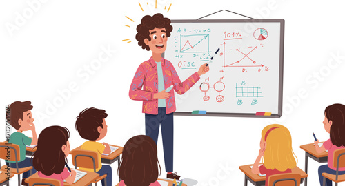 Cartoon teacher explaining graph, classroom education scene, children learning, math class illustration, whiteboard presentation, school kids studying