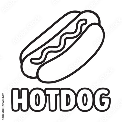 Simple outline hot dog with condiments and text silhouette white background