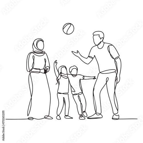 One continuous line Art drawing of young Arabian couple playing throwing ball together with daughter and son. with white background