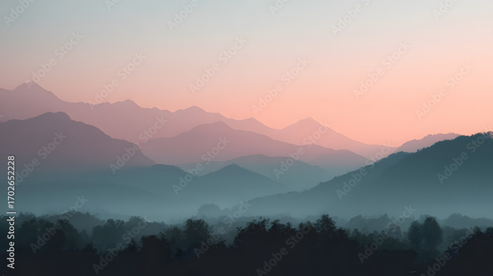 Fototapeta premium A serene landscape of layered mountains at dawn, with soft pastel colors in the sky and mist covering the valleys