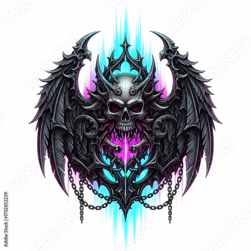 Dark fantasy creature with glowing blue accents and demonic wings in detailed dramatic illustration.