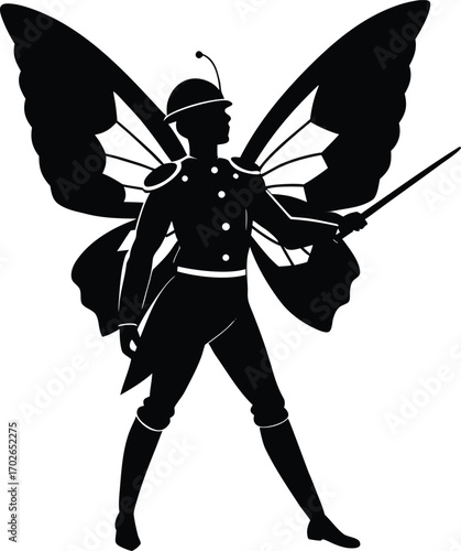 Silhouette of a person with butterfly wings in a military uniform on white background