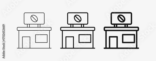 Icon Line Coffee Shop or Cafe with thin, mid and bold stroke types. Coffee shop equipment, Barista, Beverages concept,
