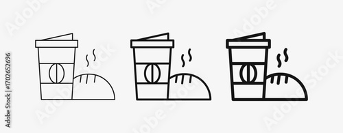 Icon Line Breakfast Coffee and Bread with thin, mid and bold stroke types. Coffee shop equipment, Barista, Beverages concept,