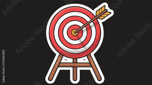 Cartoon Archery Target with Arrow Hitting Bullseye on Wooden Stand vector illustration